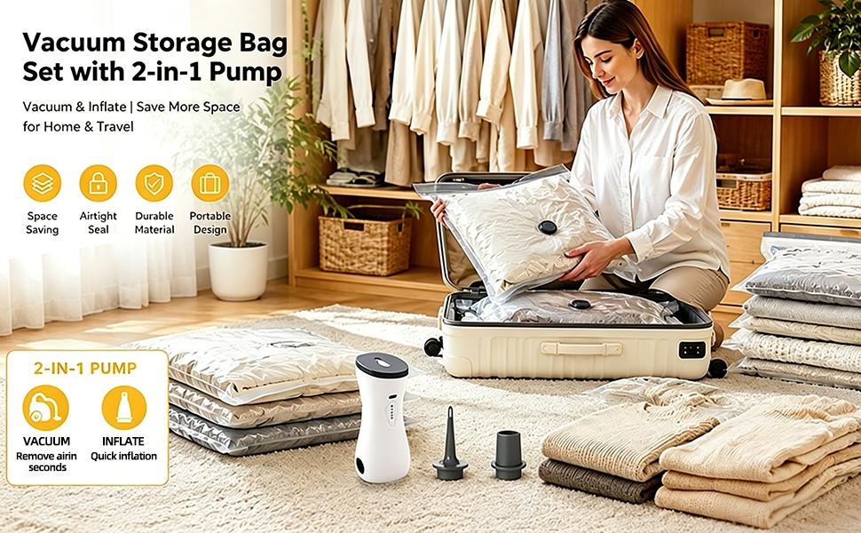 Vacuum Storage Bags with 2-in-1 Wireless Rechargeable Air Pump, Inflate & Deflate Dual Use Space Saver Compression Bags for Travel Luggage, Clothes & Closet Storage, Vacuum Sealer Bags, 15.8*19.7In,back to school shopping