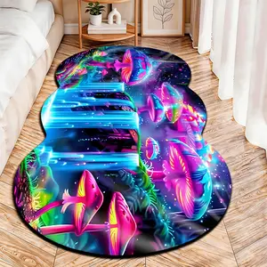2D Flat velvet irregular casual rug with neon fantasy mushroom pattern, machine washable non-slip carpet for bedroom, all seasons & holiday decor, durable & easy to clean.