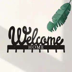 1pc Wall-Mounted Key Holder - Black Metal WELCOME Design | Stylish Key Rack with 8 Hooks for Organized Key Storage