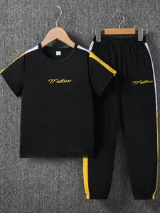 Two-piece Set Boy's Letter Print Short Sleeve Tee &  Jogger Pants Set, Casual Round Neck T-shirt & Sweatpants, Summer Clothes for Kids Outdoor Sports