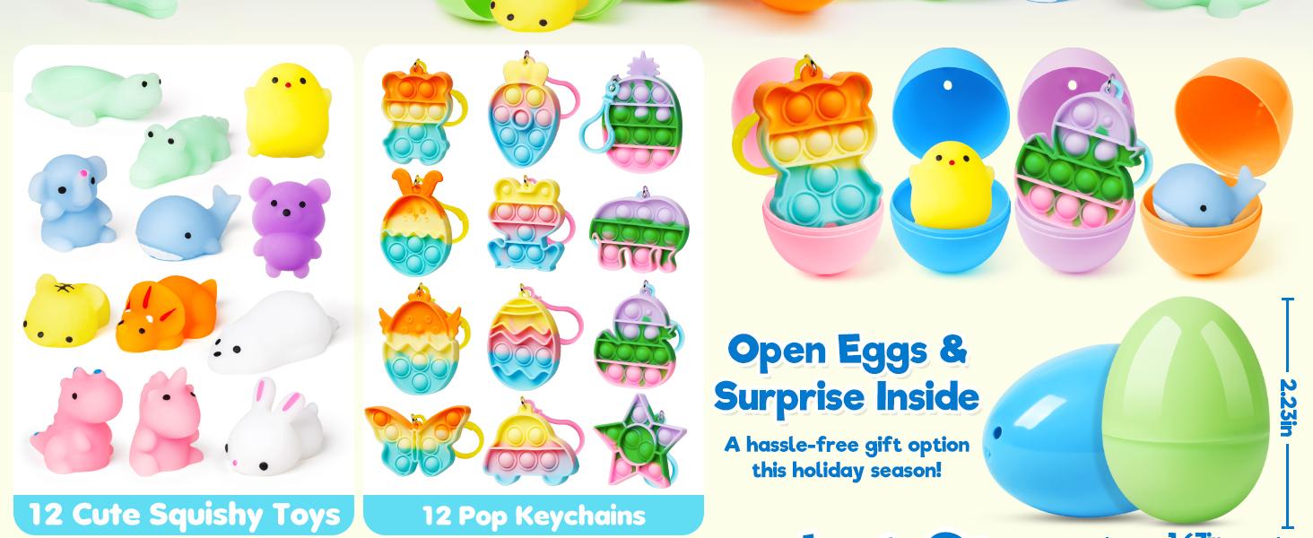 24 Pack Prefilled Easter Eggs with Squishy Toys & Pop Keychains, Kids Easter Basket Stuffers, Easter Egg Hunt Fillers, Party Favors Bulk for Boys & Girls, Easter Gifts
