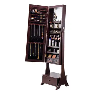 【fathersdaygift】VEVOR Mirror Jewelry Cabinet Standing Mirror with StorageLockable Jewelry Mirror Organizer with Full Length MirrorVelvet LiningInterior LED LightDrawerFreestanding Jewelry ArmoireBrown