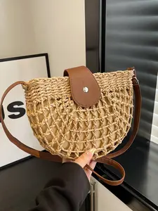 Chic Summer 2026Crossbody Bag for Summer Beach Outfits，Straw beach bag，Women's Boho Semicircular Shape Hollow out Straw Bag， Crossbody Bag，Everyday bag， Casual Trendy Bag