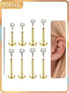 LOLIAS 14K Gold Plated Flat Back Stud Earrings - 316L Surgical Steel Internal Thread CZ Stud Piercing Jewelry for Tragus Helix Cartilage Conch Nose Hypoallergenic Lip Monroe Labret Medusa Piercing 16G 18G