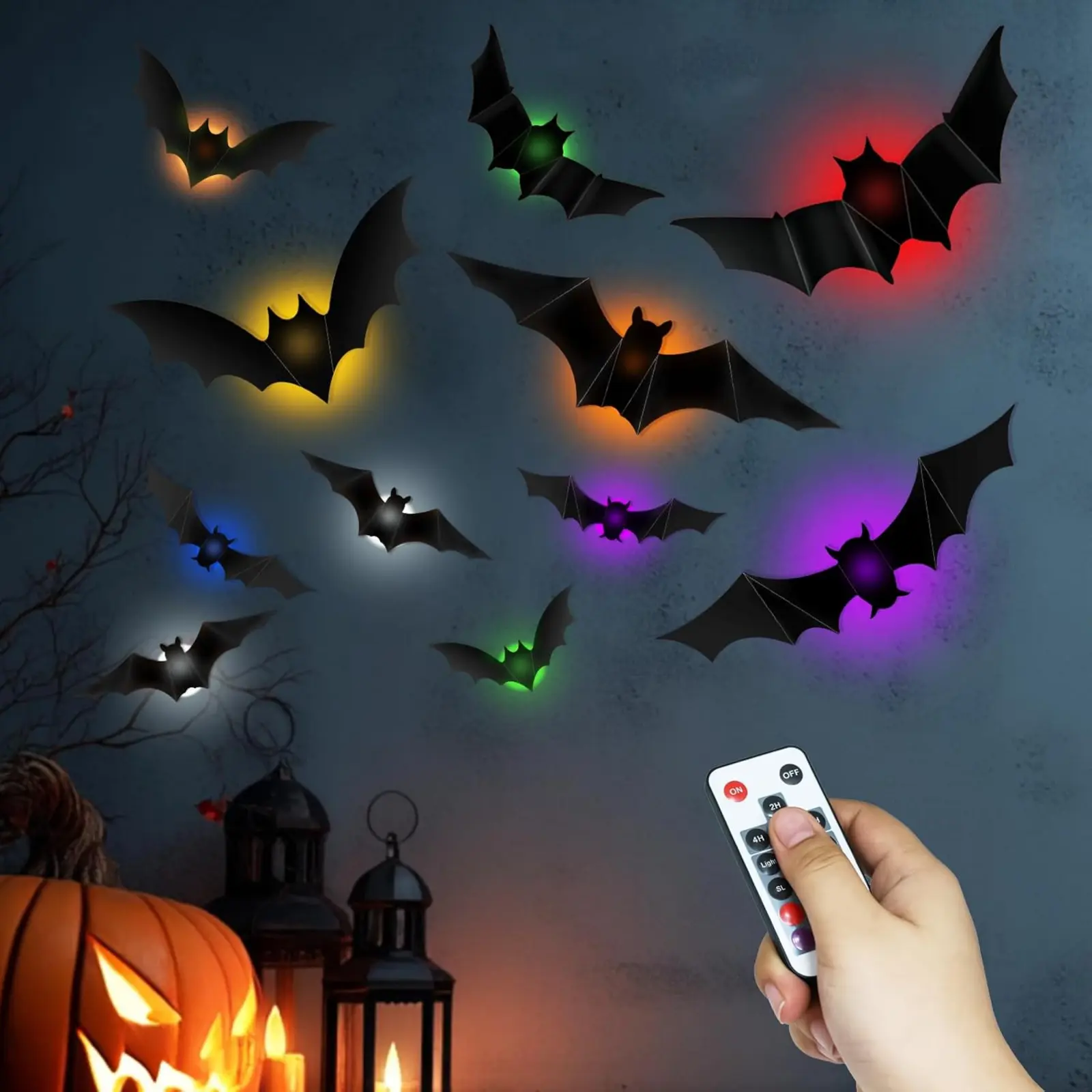 Halloween Decor Bats Wall Stickers 48pcs with 12pcs Small LED Tea Lights Remote Timer 10 Sizes 3D Lighted Realistic Thickened PET Bat Stickers for Indoor Home Window Party Supplies
