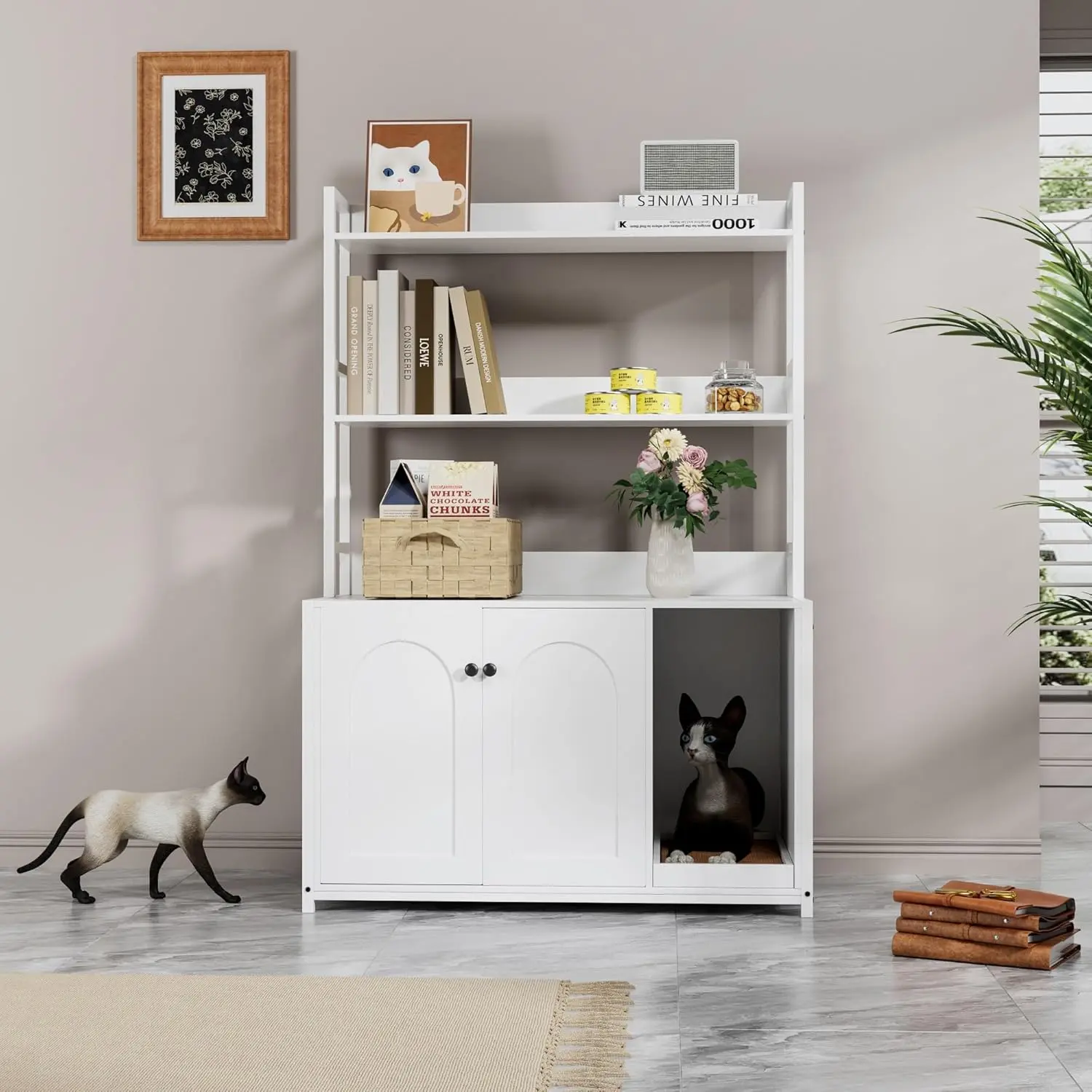 Cat Litter Box Enclosure, with 2 Storage Shelves, Hidden Cat Furniture with 2 Doors and Scratch Pad, Indoor Cats House Kitty Box Washroom Cats Bookshelf Cabinet
