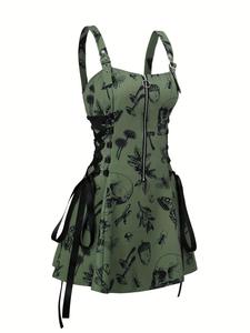 women's plants & skull print dress, retro fashion casual chic adjustable strap mini dress for party holiday, dresses for women, women dress for summer, hoco dresses black girls, vacation dresses, going out dresses, womenswear