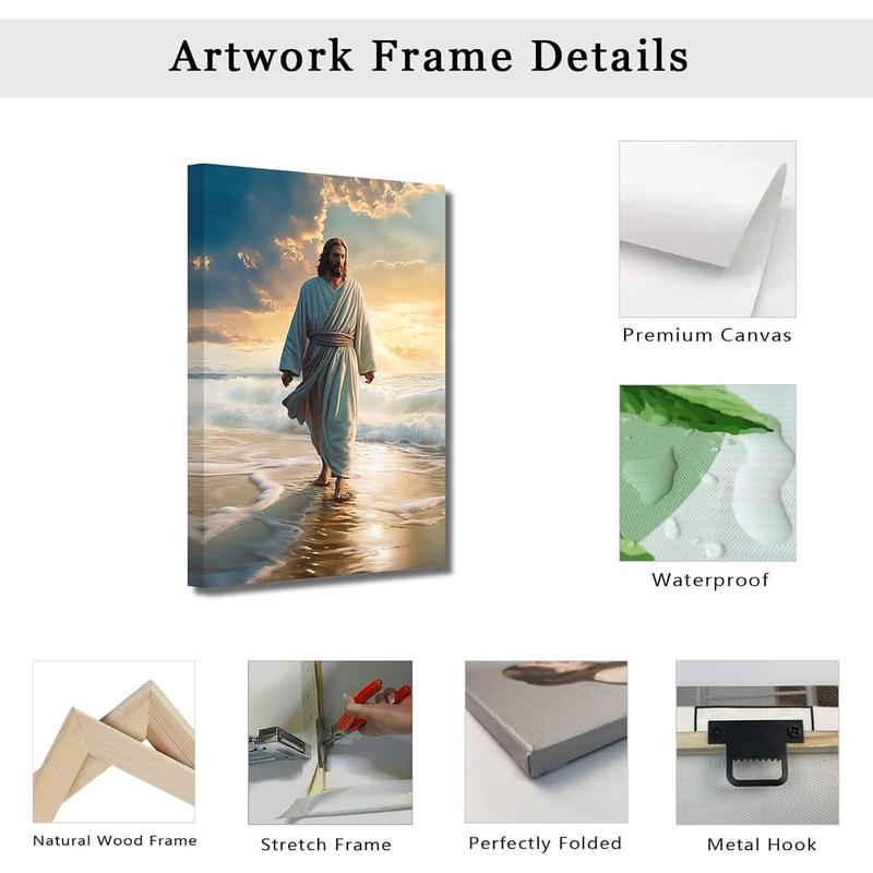 Jesus Picture on Canvas Jesus Walking on the Beach Canvas Picture God Poster Catholic Work of Art for Spiritual Space Wall Decoration Framed (3, 30 x 45 cm)