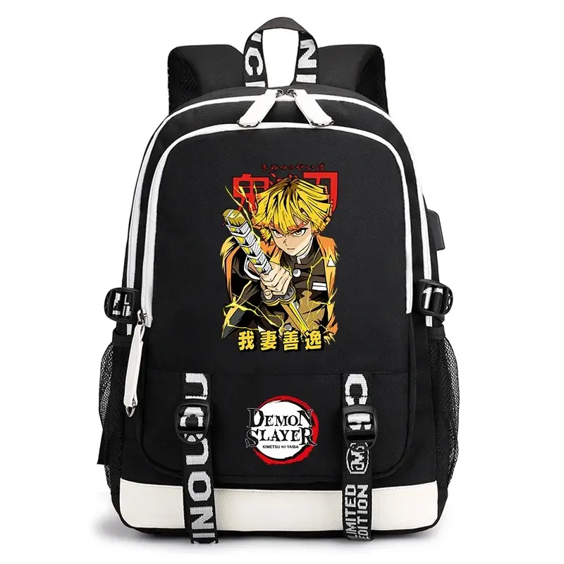 Demon Slayer Anime Print Student Backpack USB Charging Port Lightweight School Bag for Boys Girls