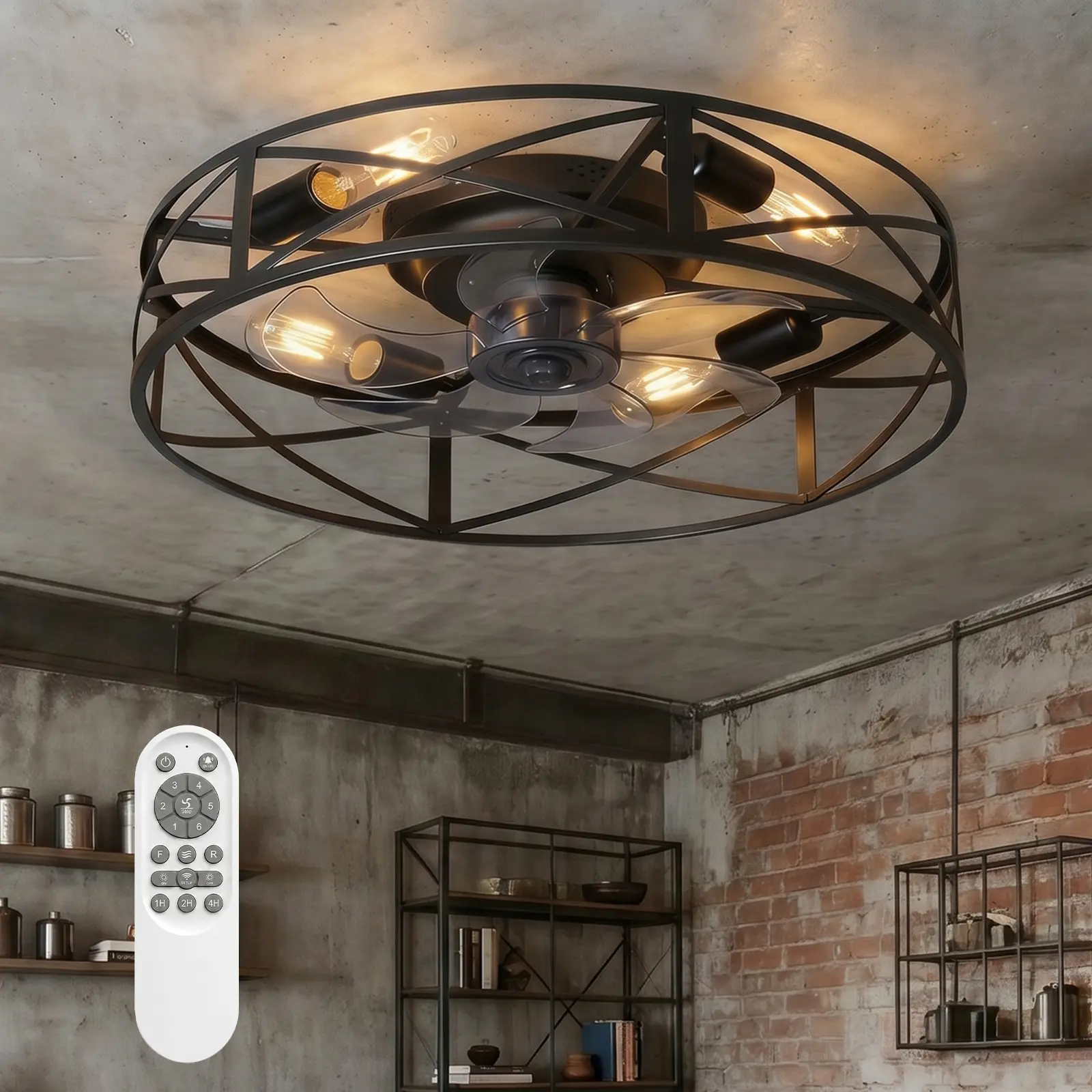 DEMILARE Farmhouse Industrial Caged Bladeless Flush Mount Ceiling Fan with Lamp - Rustic Low Profile, 16W 6-Speed Ultra-Low Noise Motor, 433 RF Remote Metal Cage Fan for Kitchen, Hallway, Farmhouse Indus