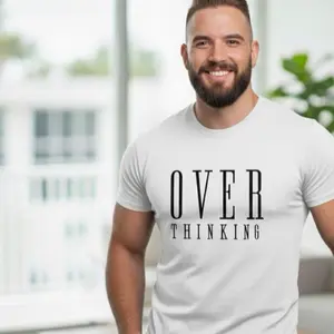 Overthinking Minimalist Graphic Tee Aesthetic Mental Health Shirt Relatable Anxiety Shirt for Men Women Unisex Soft Breathable Cotton Tee Introvert Overthinker Gift Idea Inspirational Casual Streetwear Outfit Classic Black Sage Green Coral Colors