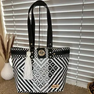 Frida Art Tote Bag Size 18in x 11in x 6in Black and White Geometric Pattern with Tassel Detail