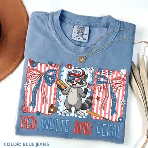 Red White and Feral Raccoon Comfort Colors T-Shirt, Funny 4th of July Raccoon Hot Dog Shirt, Patriotic USA Graphic Tee, Independence Day Summer Shirt Crewneck