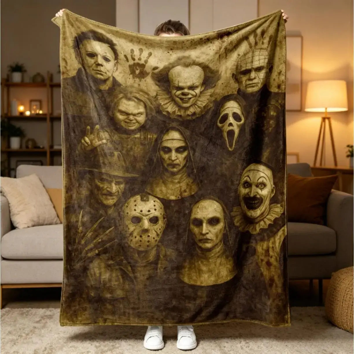 Horror Characters Family Photo Flannel Soft Throws Blanket for Kids & Adults, Funny Horror Movie Icons Gentle Fluffy Cozy Blankets for Home & Travel Sofa Bed, Cozy Setup Birthday Holiday Fan Gift