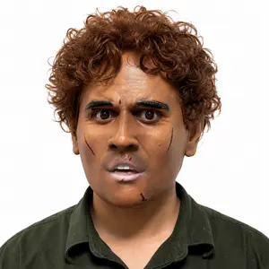 Realistic Battle-Damaged Survivor Mask, Curly Hair, Bloody Injured Male Latex Head Cover, Zombie Apocalypse Costume Prop for Halloween & Cosplay