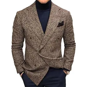 Mens Plaid Blazer Sports Coat Vintage Double Breasted Blazer Suit Jacket Casual Slim Fit Checkered Blazer