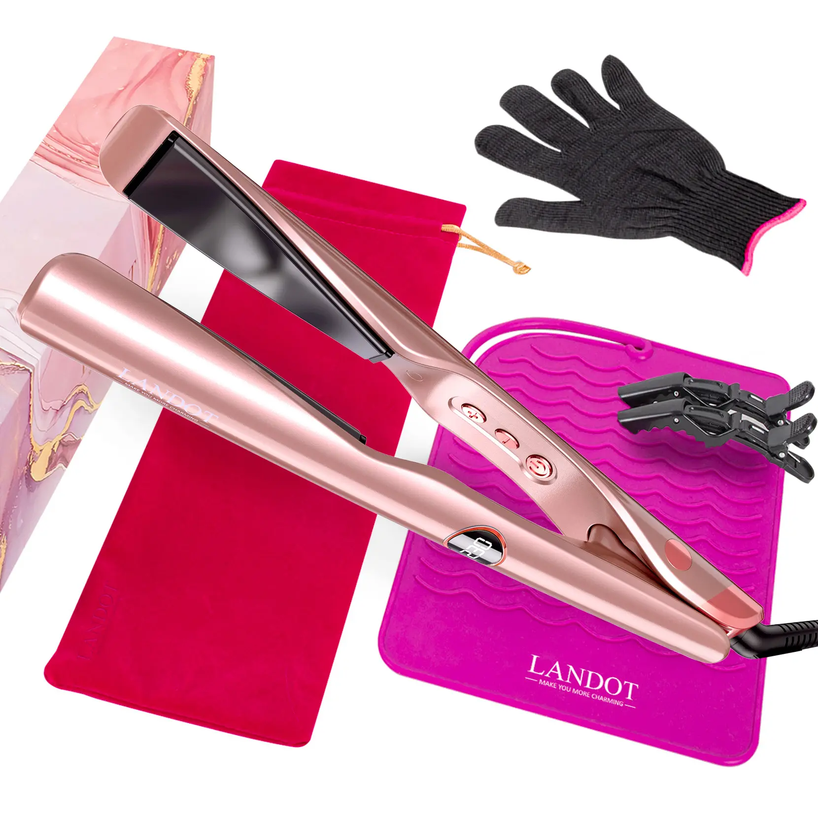 LANDOT 2-in-1 Ceramic Twist Hair Straightener and Curler - Dual Voltage Flat Iron, Anti-Frizz Ionic, 12 Temps (250-450°F), All Hair Types, 30s Fast Heat-Up, Smooth Glide Floating Plates, Daily Gift