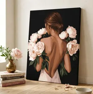 Woman with Peony Flowers Canvas Wall Art, Peony Flower Art Canvas Print, Botanical Female Portrait, Neutral Tone Home Decor