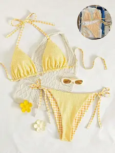 Swim Mod Spring Outfit Plus Size Women Sweet Spaghetti Strap Reversible Yellow Triangle Bikini Set Sexy Summer Vacation Outfit Stretchy Breathable Beachwear