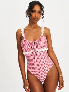 Hallie Red Gingham Lace Backless Swimsuit