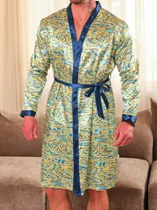 Men's Fashion Casual Long Sleeve Printed Robe, Comfortable Daily Sleepwear, All-Season Stylish Nightwear, Hotel Bathrobe