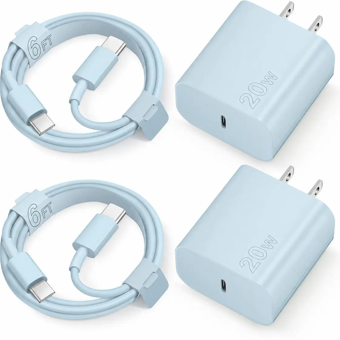 2-Pack Multiple Colors Available 20W Fast Charging USB-C Wall Charger Block with 2-Pack 6FT USB-C to USB-C Braided  Cable for iPhone 17/17 Air/16/15 Pro Max，AirPods, iPad and so on tiktokshopbacktoschool,back to school,back to school haul