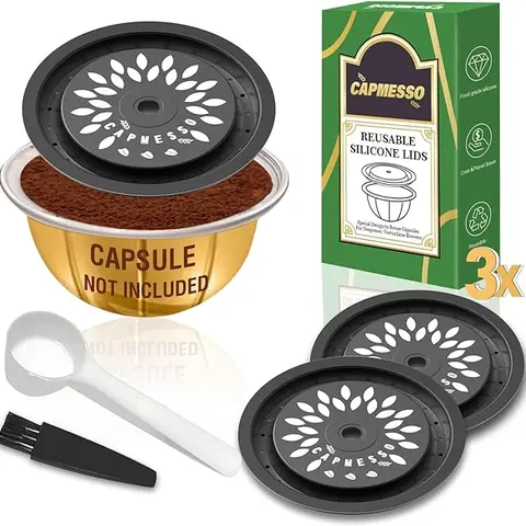 CAPMESSO Reusable Coffee Filter Lids for Nespresso Vertuo Refillable Pods - 3-Count Food Grade Silicone Caps, Machine-Compatible, Corrosion-Resistant, Eco-Friendly, Cost-Effective, All Sizes Fit, 14oz Fit, Reduced Backflush, Family Use, W/Scoop & Brush