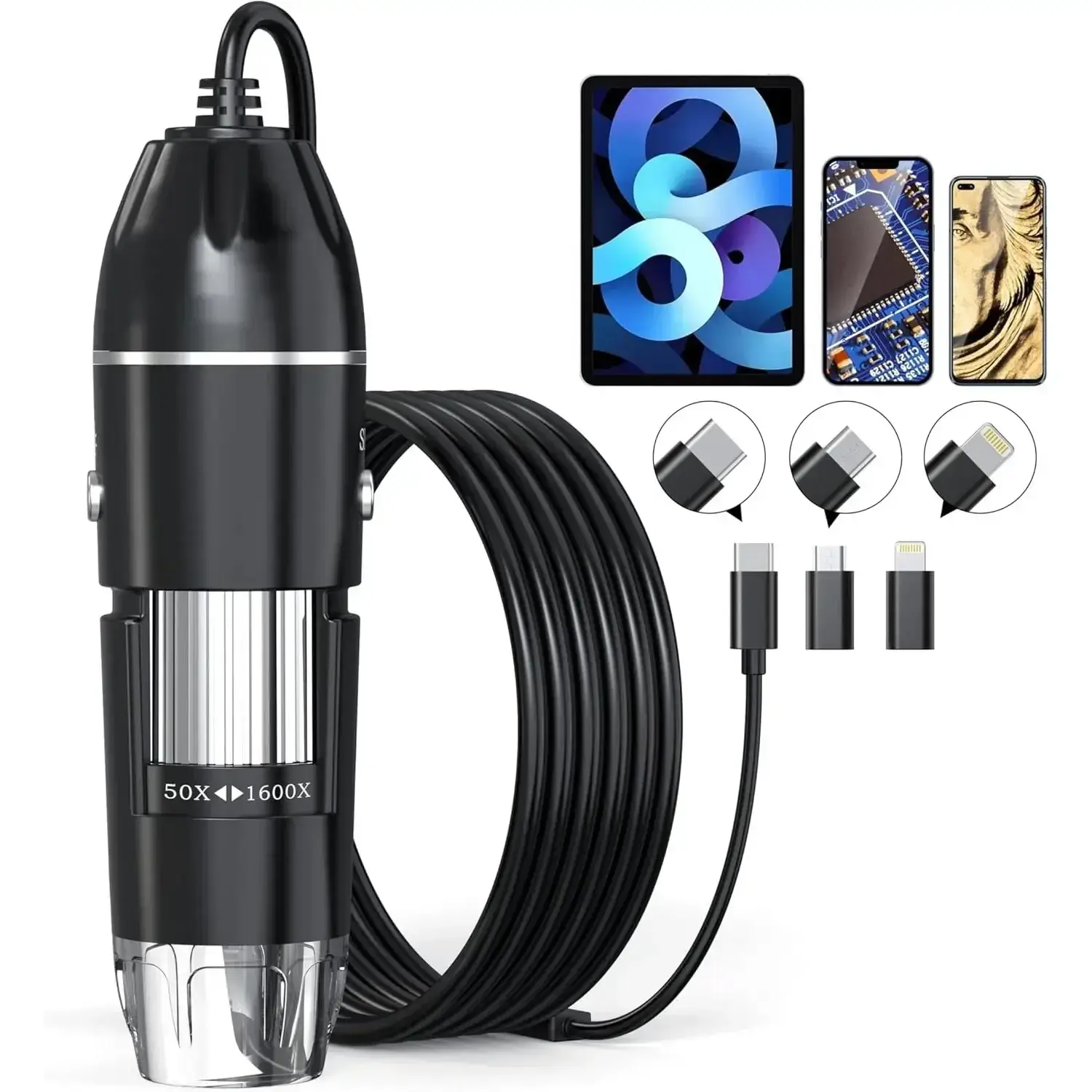 USB Digital Microscope, 50x-1600x Magnification Handheld, 1440P HD 8 LED Lights, Portable Pocket Microscope, Compatible with iOS and Android Devices, 2MP Magnifier Microscopes Camera for Adults, Kids