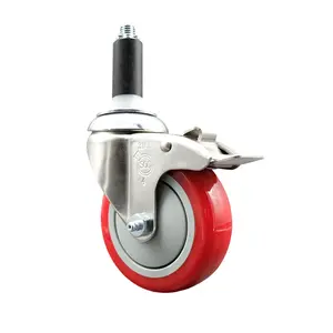 Service Caster SCC-SS316TTLEX20S414-PPUB-RED-118 Polyurethane Swivel Stem Caster with 4 in. Red Caster Wheels & Total Lock Brake, 1.13 in. Expanding Stem - 316 Stainless Steel Caster