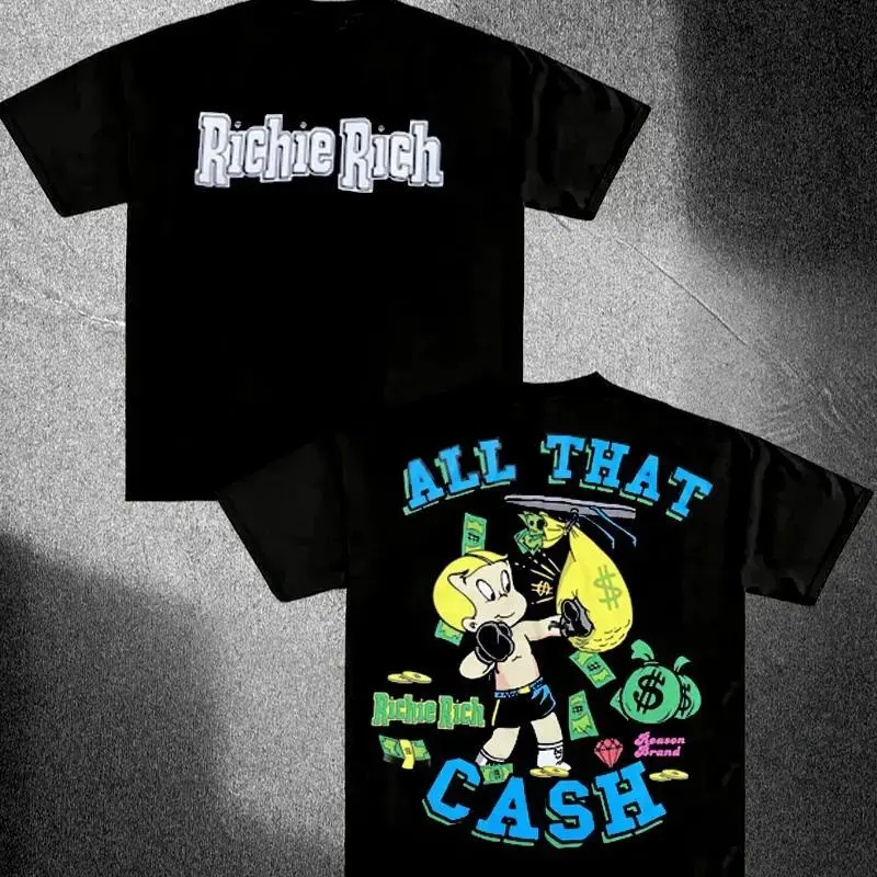 Graphic T-Shirt Richie Rich Hustle Graphic Tee, Oversized Heavyweight 100% Cotton Short Sleeve Shirt, Vintage Fashion Streetwear Casual T-Shirt, Round Neck Unisex Graphic Top for Men Women, Trendy Y2K Hip Hop Style Clothing