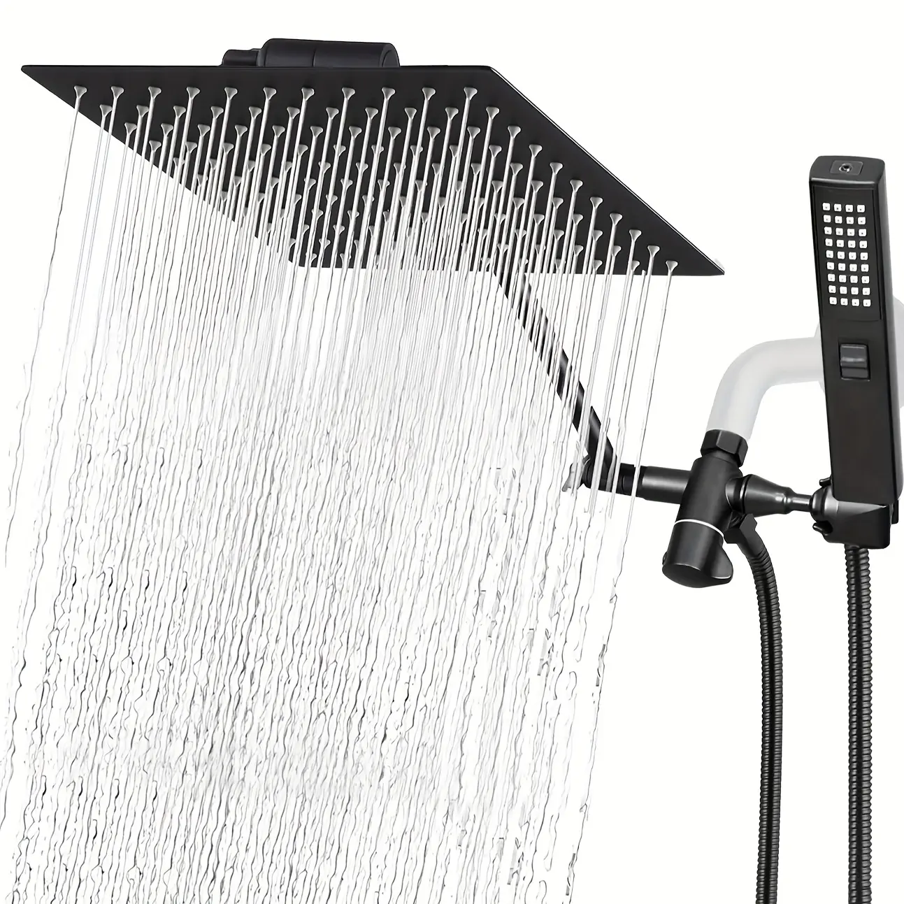 Dual Square Rainfall Shower Head & Handheld Shower Heads Combo (8/10 in) - Multi-Function, Extendable Flexible Hose (77 in), 3-Way Diverter, Adjustable Extension Arm, Bathroom Upgrade Fixture
