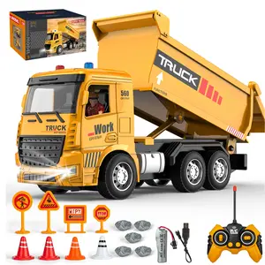 Remote Control Self-Dumping Truck with Proportional Steering - Multi-Directional Control, Features Realistic Dump Bed and Lights, Includes Roadblock, Gravel, and Road Signs, Perfect Birthday and Holiday Gift for Boys
