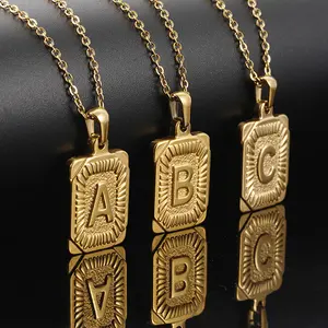 Men's Letter Necklaces, Stainless Steel Initial Charm with Chain Link Square Design A-Z 26 Capital Alphabet Pendant for Party and Birthday