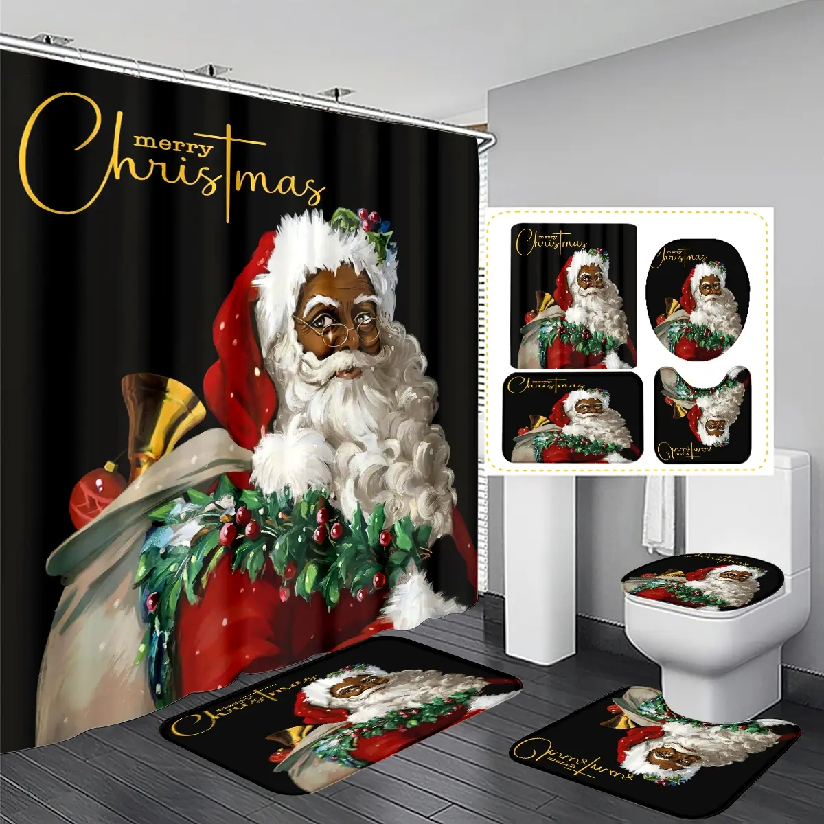 Christmas Bathroom Set with Santa Claus Design, Includes Shower Curtain, Bath Mat, Toilet Lid Cover, Hooks, Festive Holiday Decorations