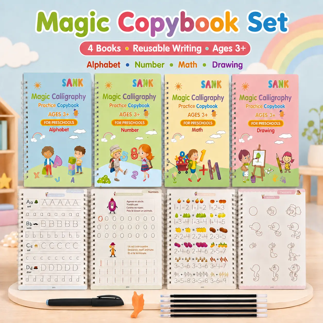 4 Books Magic Copybook Set for Kids, Reusable Handwriting Practice Copy Book with Pen, English Letters Numbers Drawing Calligraphy Tracing Workbook, Preschool Learning Gift for Children