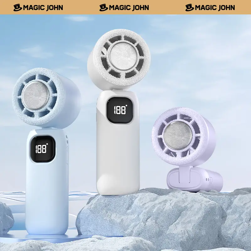 MAGIC JOHN 3 in 1 Mini Handheld Cooling Fan, 100 Speed Wind Power & Ice Cooling Function, Small Foldable 3-IN-1 Neck/Desk/Hand Fan, Pocket Design for