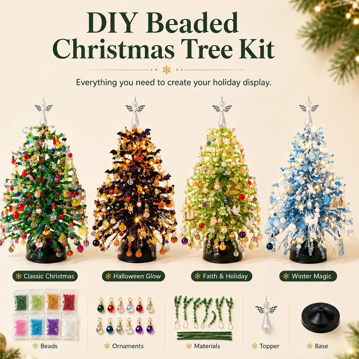 【Back to School】DIY Beaded Christmas Tree Kit, Hand‑Made Mini Crystal Bead Xmas Tree Craft Set, Complete Christmas Decoration Making Supplies with Beads, Angel Tree Topper, Tabletop Holiday Ornament, Fun DIY Project, Ideal Christmas Gift-MM1