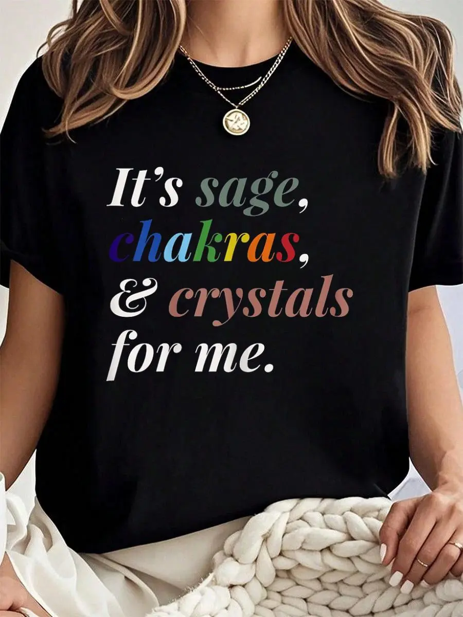 100% cotton Sage Chakras And Crystals For Me Balance Energy Good Vibes T-Shirt Women Graphic T-Shirt Cotton Print short Sleeve Casual Top, Summer Tee Womens Tops