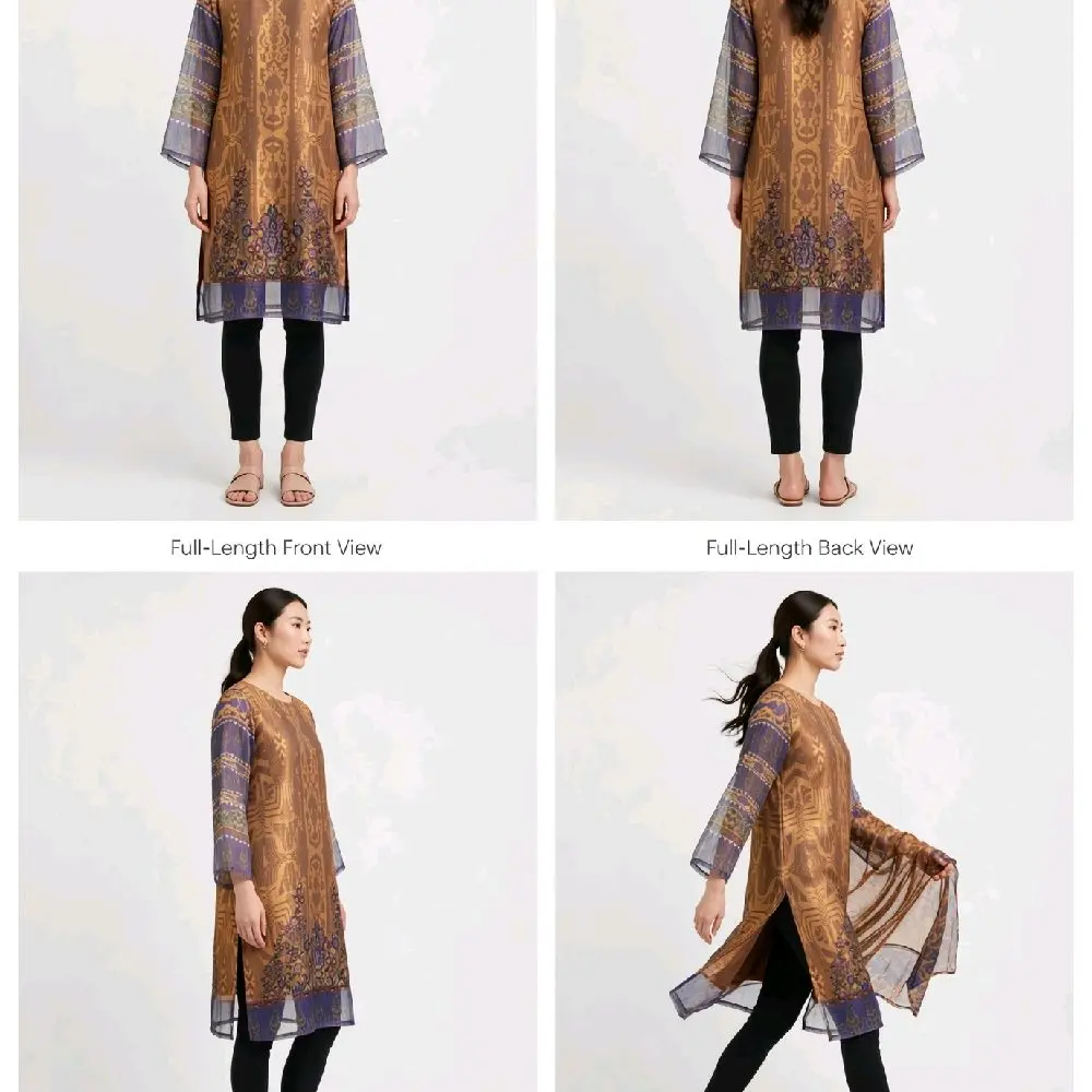 Women's Pakistani Chiffon Kurta - Crew Neck, Chiffon Fabric, Floral Print, Beading Detail, Lightweight, Flowy Modest Islamic Ethnic Casual Tunic (1 Piece), Tops, Fashion, Style