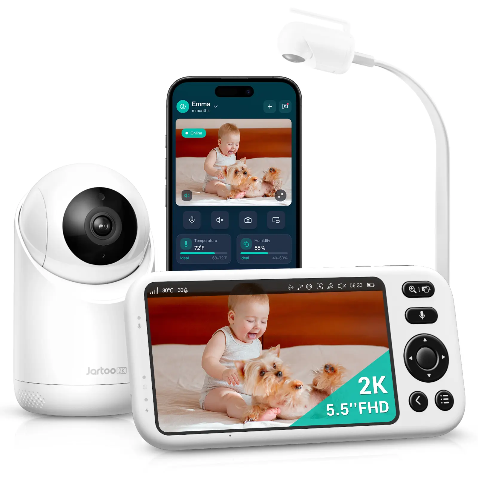 Jartoo Smart Baby Monitor with 2K Camera & Mount, 1860ft Long Range, 5.5" Screen, Hybrid Wi-Fi and No Wi-Fi Connection, AI-Powered Detection, Free App & 24/7 Recording, ANR
