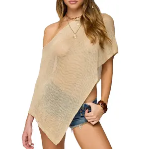 Women Sexy Knit Poncho Top Y2K Off Shoulder Crochet Sheer Shawl Asymmetrical Hem Knit Poncho Top Beach Cover Up