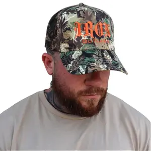 Iron Camouflage Trucker Hat - Cotton Blend Twill 5-Panel Cap with Adjustable Plastic Snap Closure