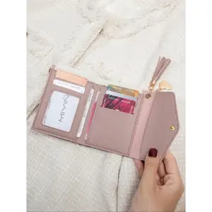 Women's solid color PU leather card holder with tassel embellishment, stylish coin purse, credit card organizer, casual and versatile short wallet, suitable for everyday use, ideal as a Christmas gift or Valentine's Day gift.