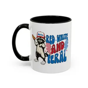 [Sales 35%] Red White And Feral Ceramic Mug, 4th of July Mugs, Funny USA Coffee Cup, Funny Raccoon Mug, Independence Day, Patriotic Mugs, Funny Mug