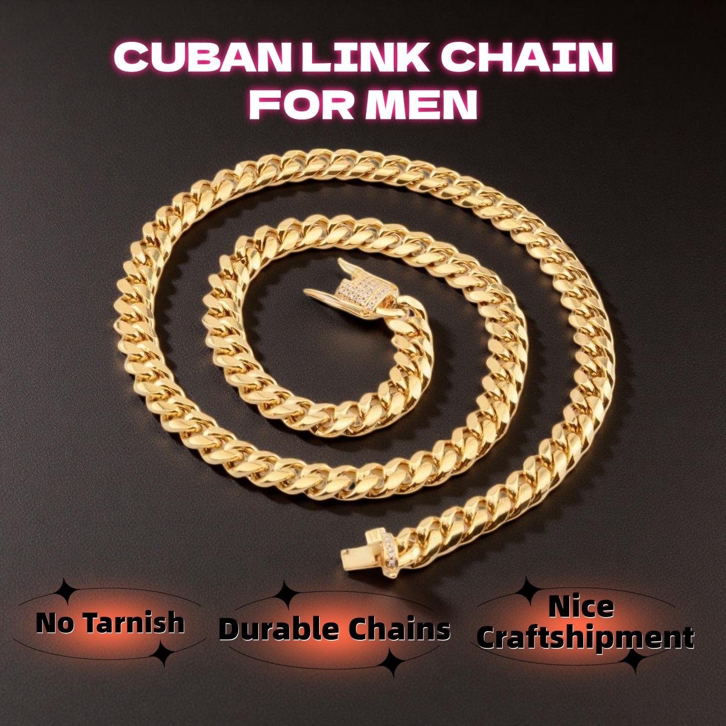 Cuban Link Chain Necklace for Men, 6mm/8mm/10mm/12mm/14mm Width, White diamond-set buckle/Stainless Steel/Gold Men's Chain-Link Hip-Hop Necklace, 7.5"-30" Length, Come Gift Box