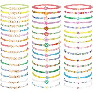 P-HBL03   48 Pcs Kids Friendship Bracelet Set,Colorful Adjustable Beaded Bracelets,Cute Stretch Preppy Bracelets