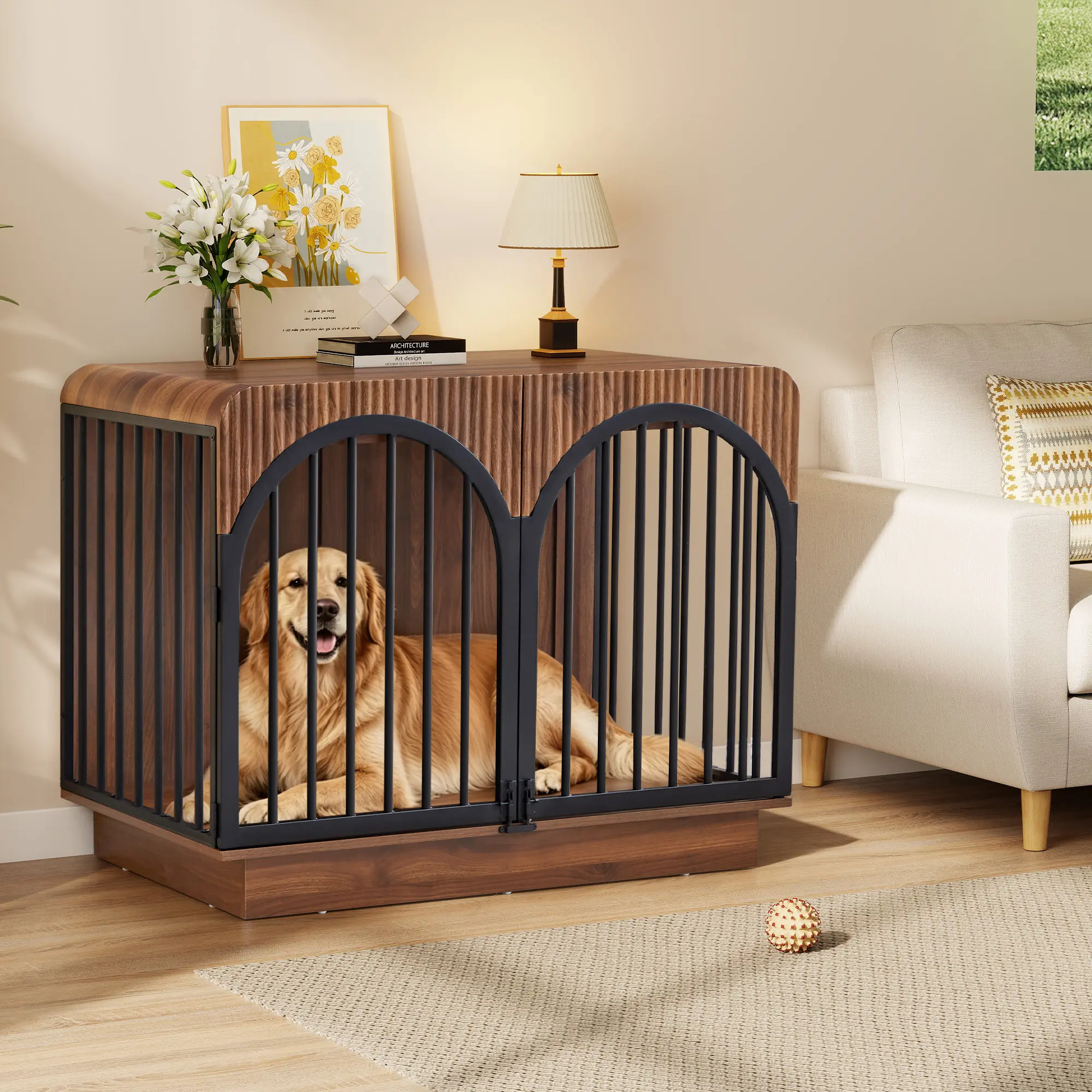 Giratree fluted wooden dog crate furniture, indoor dog kennel for small and medium dogs, heavy-duty pet cage side table for living room, bedroom, and hallway