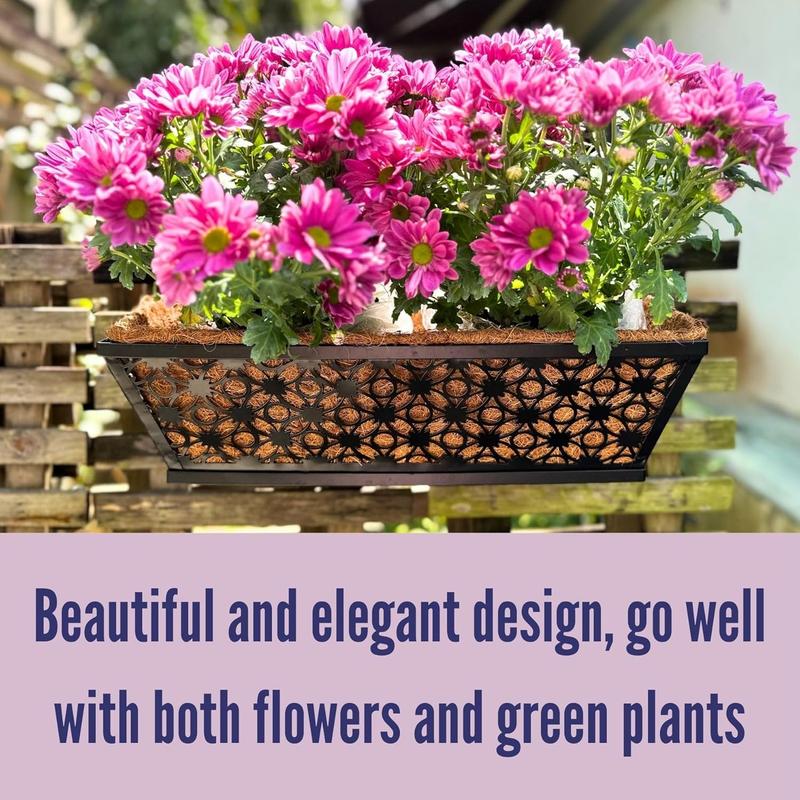 LaLaGreen Window Box Planter for Outdoor Plants (4 Pack, 16 Inch) Black Metal Rectangular Flower Pot Wall Planters with Coco Liner, Modern Horse Trough Railing Garden Balcony, Patio, Fence, and Deck