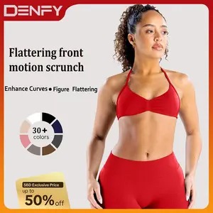 DENFY Impact Strappy Bra Gymwear Fitness Halter Sports Bra Open Back Padded Sportswear Gym Workout Women Seamless Tank Tops Low Impact Gym
