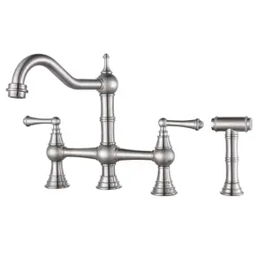 WOWOW 8-in Centerset Double Handle Bridge Kitchen Faucet - Brass Side Sprayer, Classic Heritage Deck-Mount Sink Faucet, Brushed Nickel Finish, Double Handle Faucet